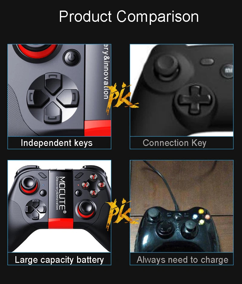Comparison chart showing a sleek, black wireless gaming controller with red accents versus a wired controller.