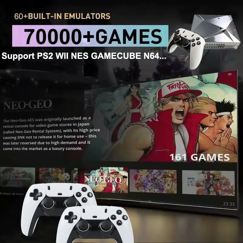 Silver geometric P88 retro game console with two white wireless controllers displaying a TV menu.