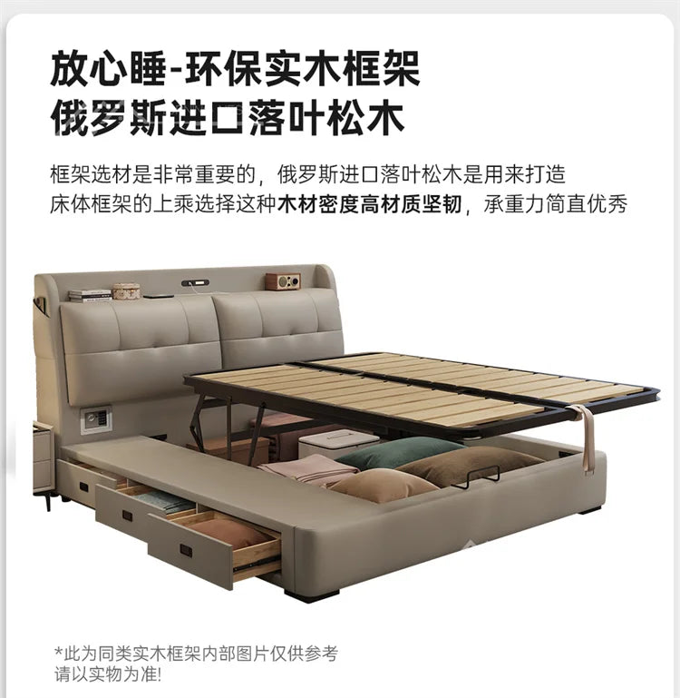 Modern cream upholstered storage bed with a tufted headboard, lift-up base, and integrated side drawers.