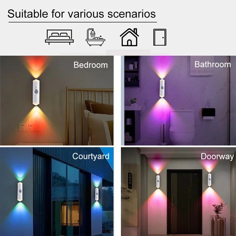 White rechargeable LED wall lamp with motion sensor, casting colourful up-and-down lighting in various home settings.