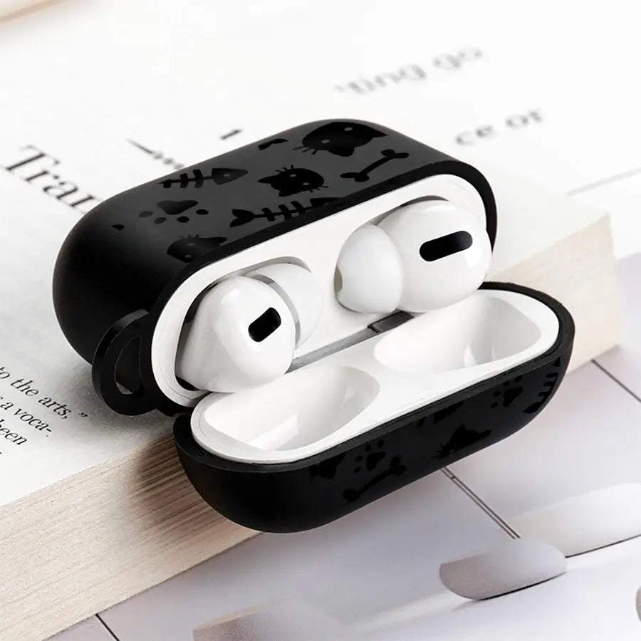 Black silicone AirPods Pro case featuring a cat and fish bone pattern.