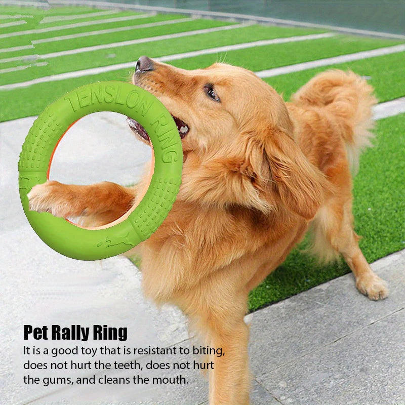 A golden dog playing with a durable, textured green and orange EVA ring toy on a grass field.