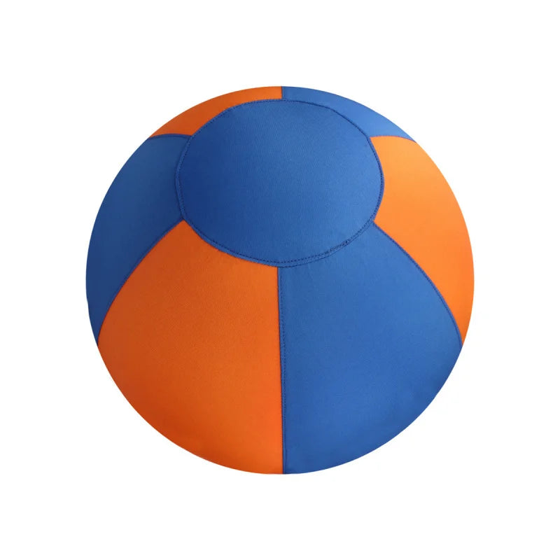 An interactive dog training ball with a durable fabric-covered, multi-panel design in bright blue and orange.