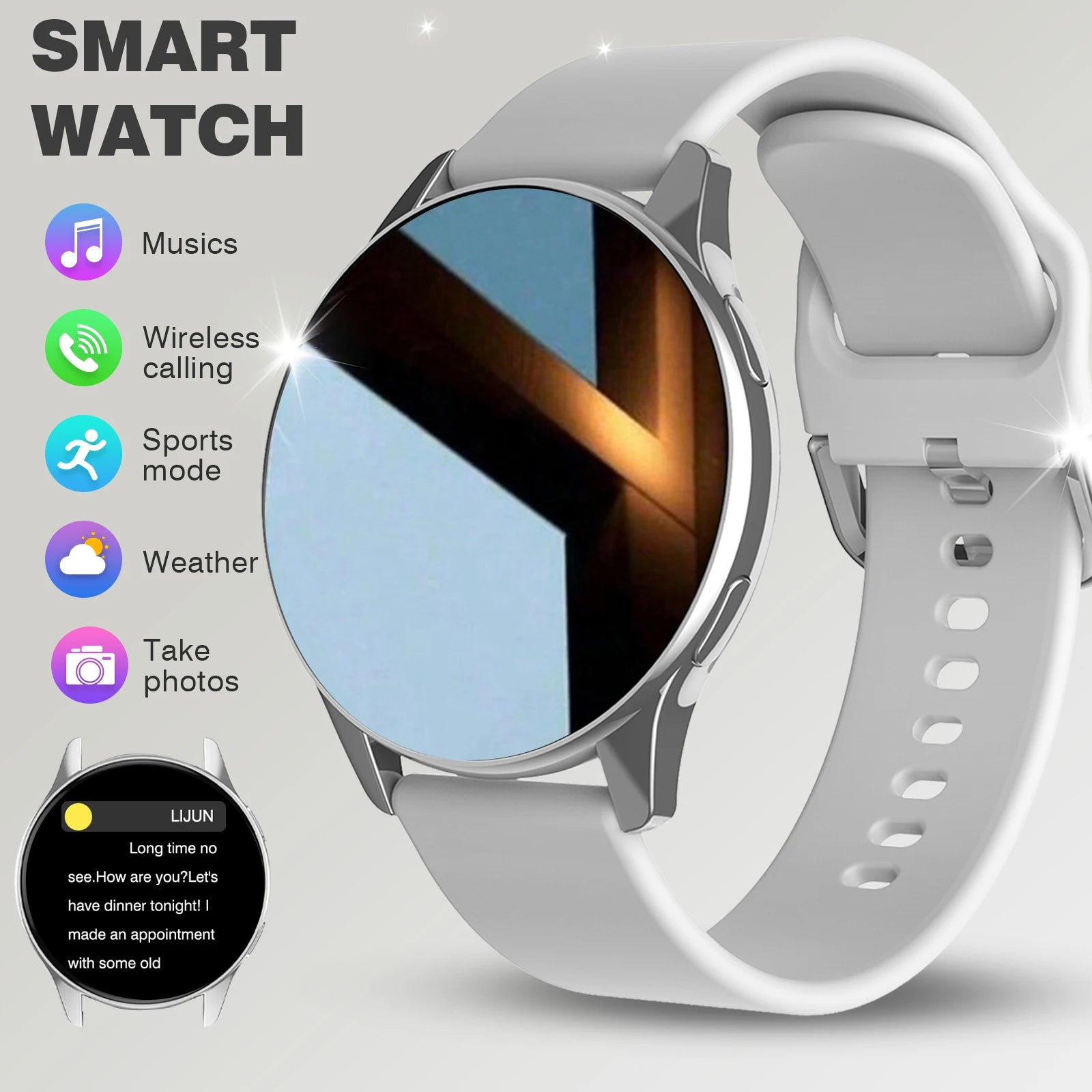 Sleek silver multi-sport smartwatch with a white silicone strap, featuring wireless calling and fitness tracking icons.