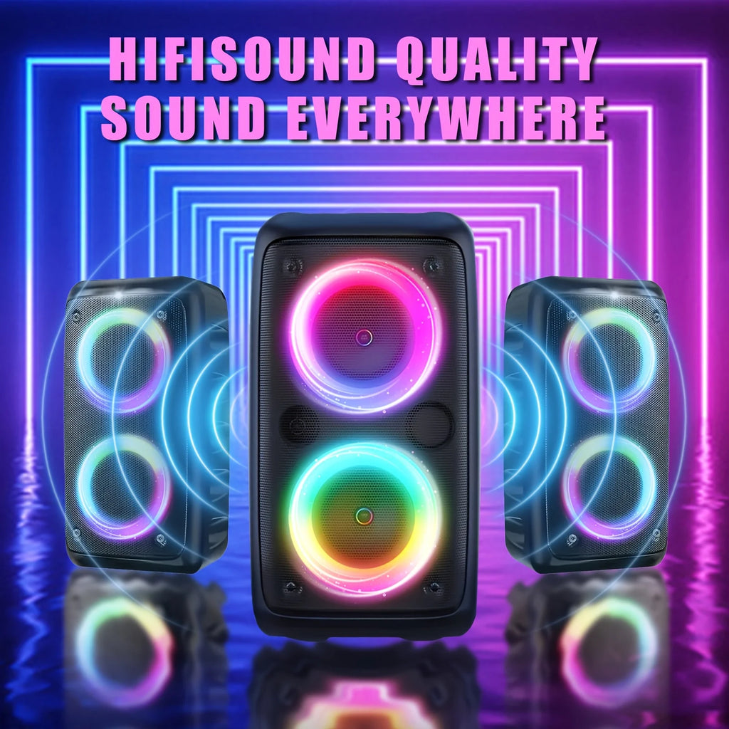 Black portable wireless speakers featuring vibrant circular LED lighting against a neon purple and blue backdrop.