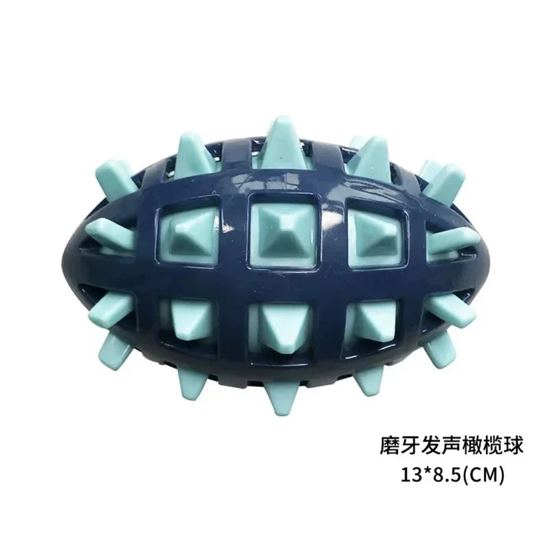 Dark blue and light blue rubber rugby ball dog toy with a spiky, lattice texture.