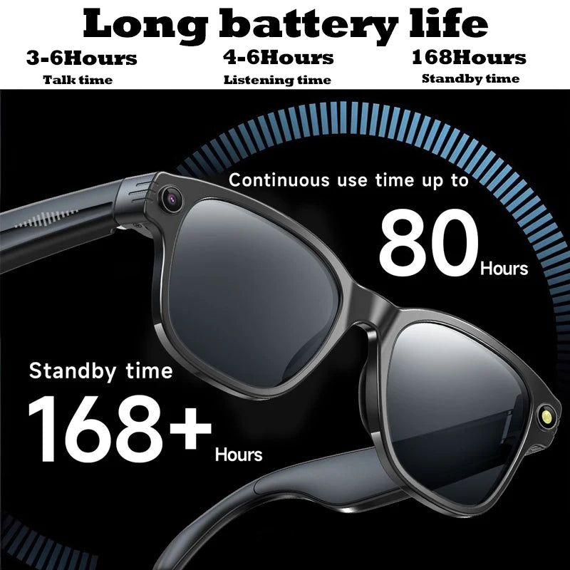 Sleek black smart glasses with an integrated HD camera, featuring a long-lasting battery for up to 168 hours standby.