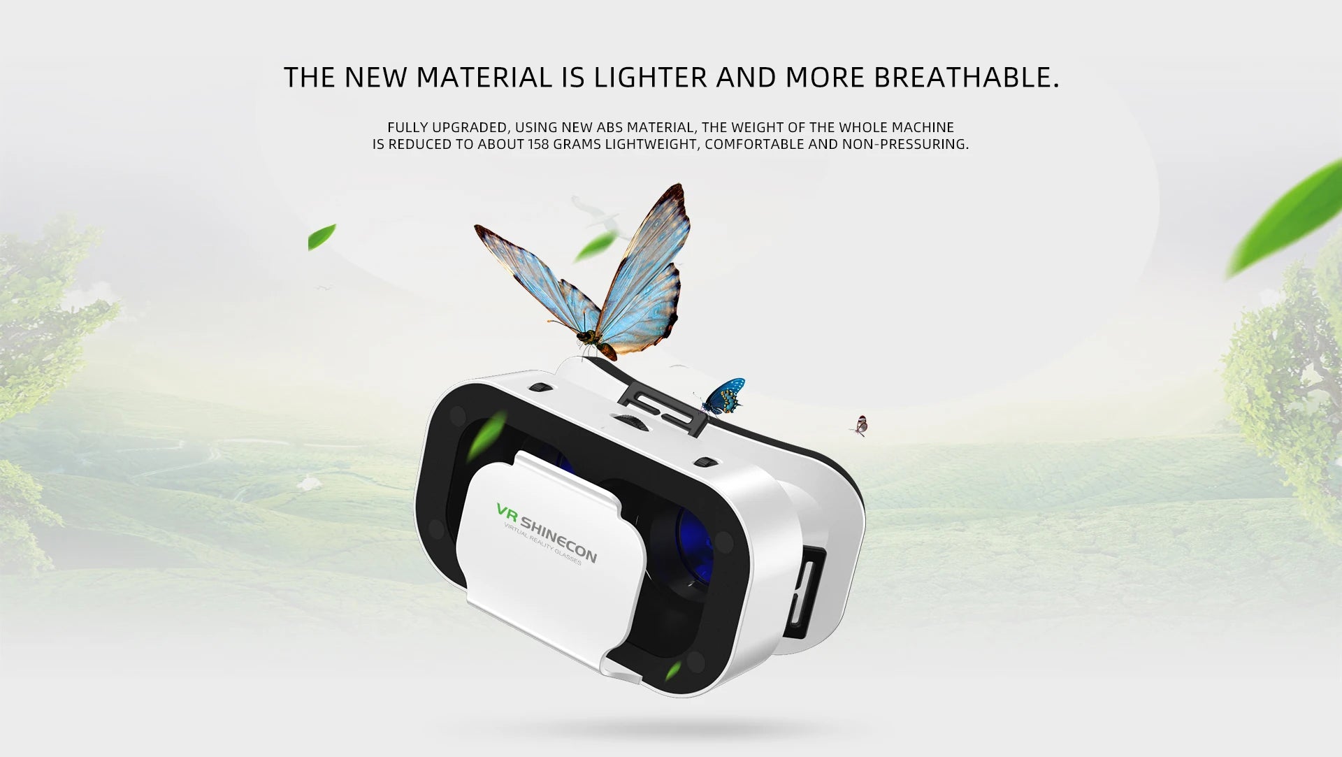 White, lightweight smartphone VR headset with black accents, featuring a butterfly on top against a natural background.
