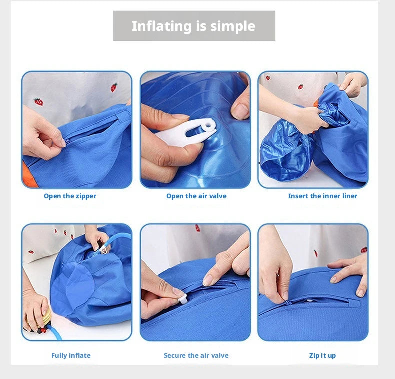 Six steps showing how to inflate a blue fabric-covered interactive dog ball by inserting, pumping, and zipping it shut.