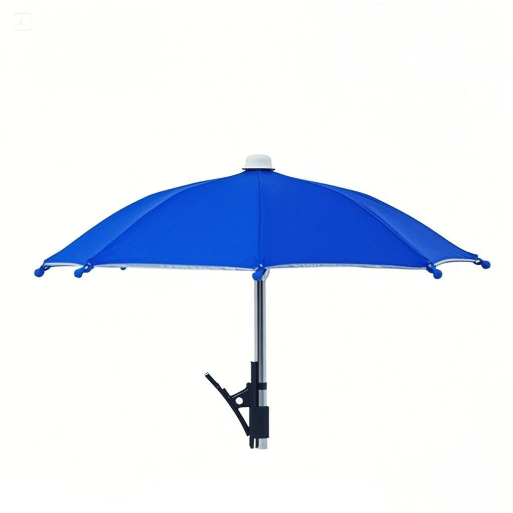 Bright blue clip-on parasol with a silver telescopic pole and sturdy black mounting clamp for versatile use.