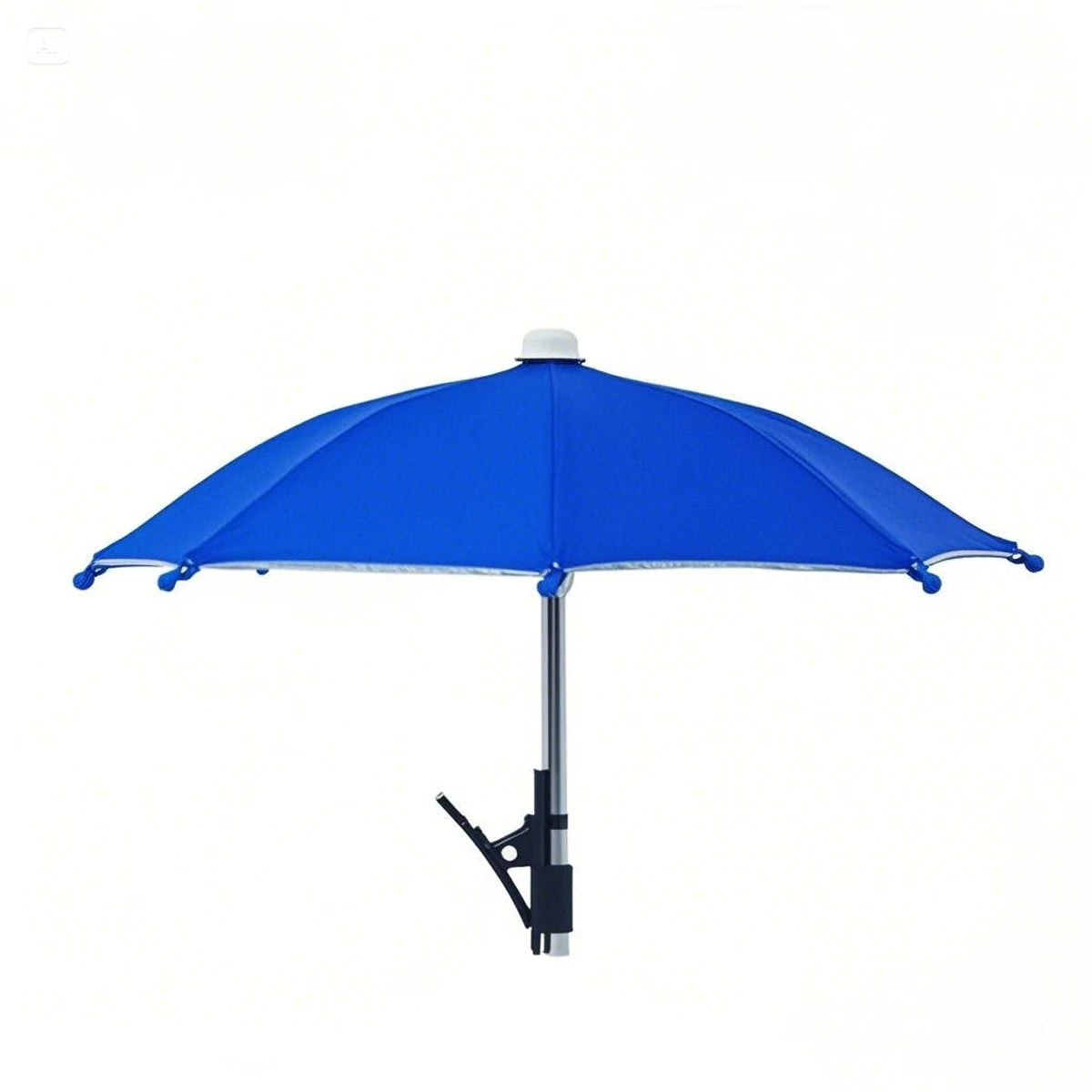 Bright blue clip-on parasol with a silver telescopic pole and sturdy black mounting clamp for versatile use.