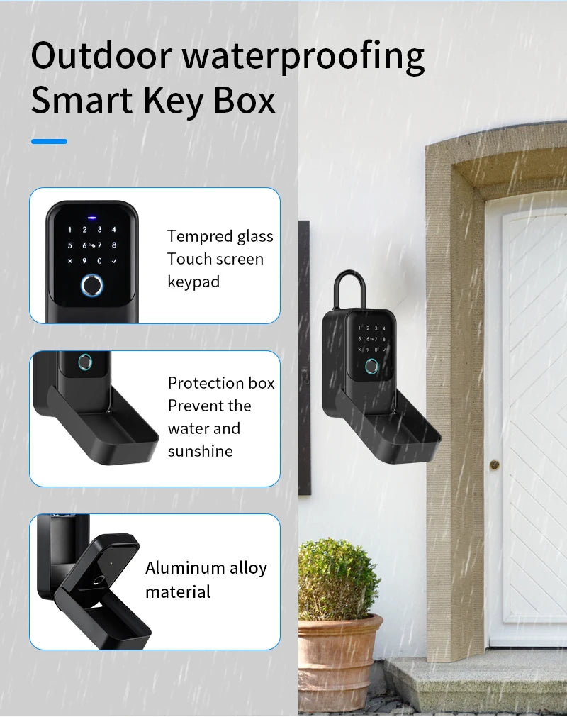 Black aluminum alloy smart key box with a tempered glass touchscreen keypad and protective rain cover.