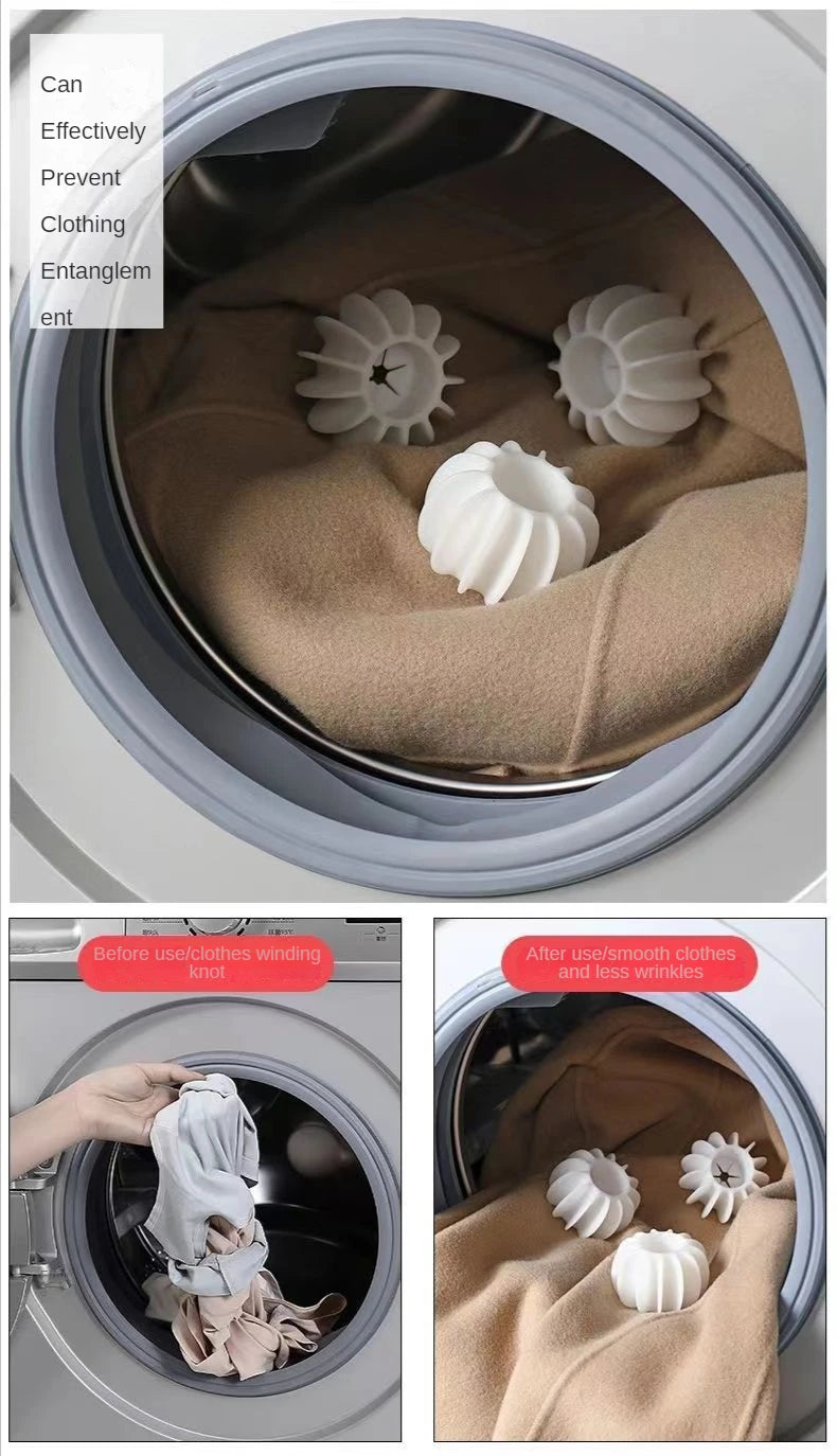 Three white, ridged laundry balls inside a washing machine drum to prevent clothes from tangling and wrinkling.