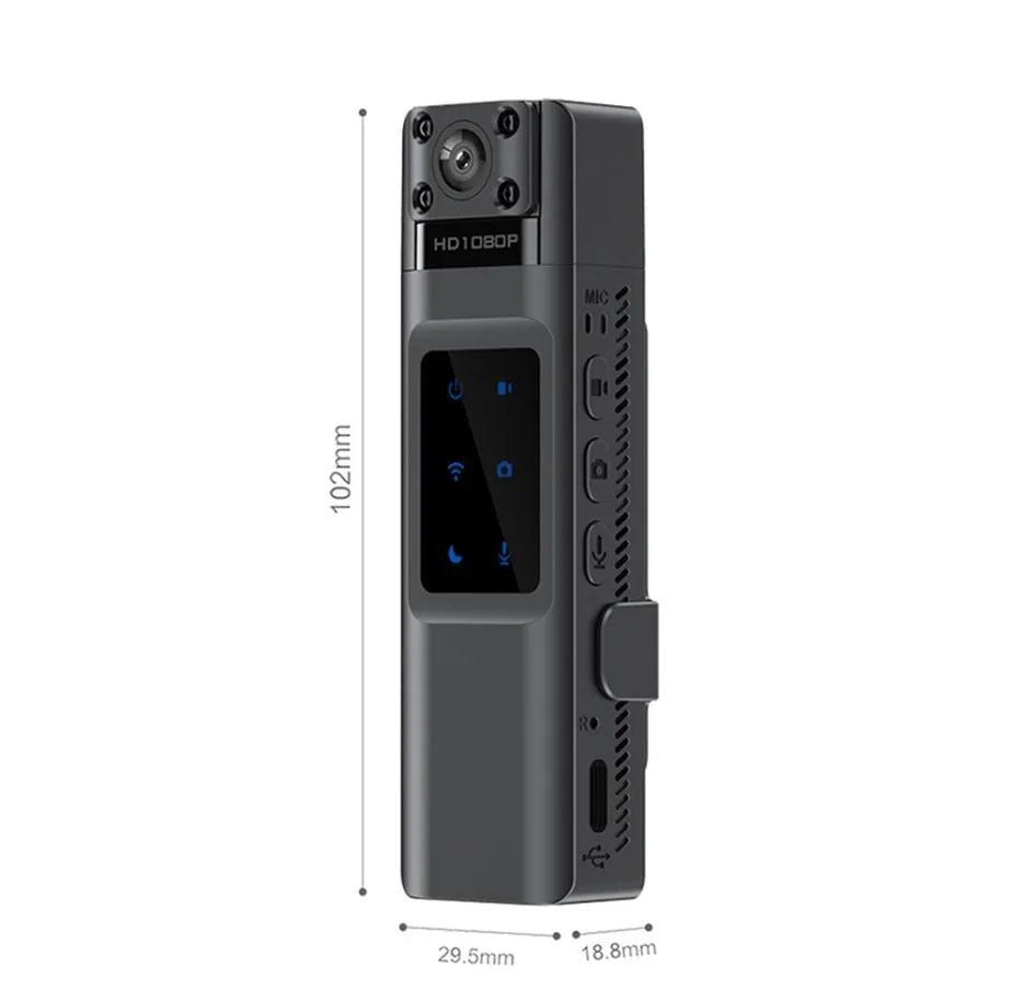 Black plastic 1080p body camera with a small screen, side control buttons, and dimensions of 102mm x 29.5mm x 18.8mm.