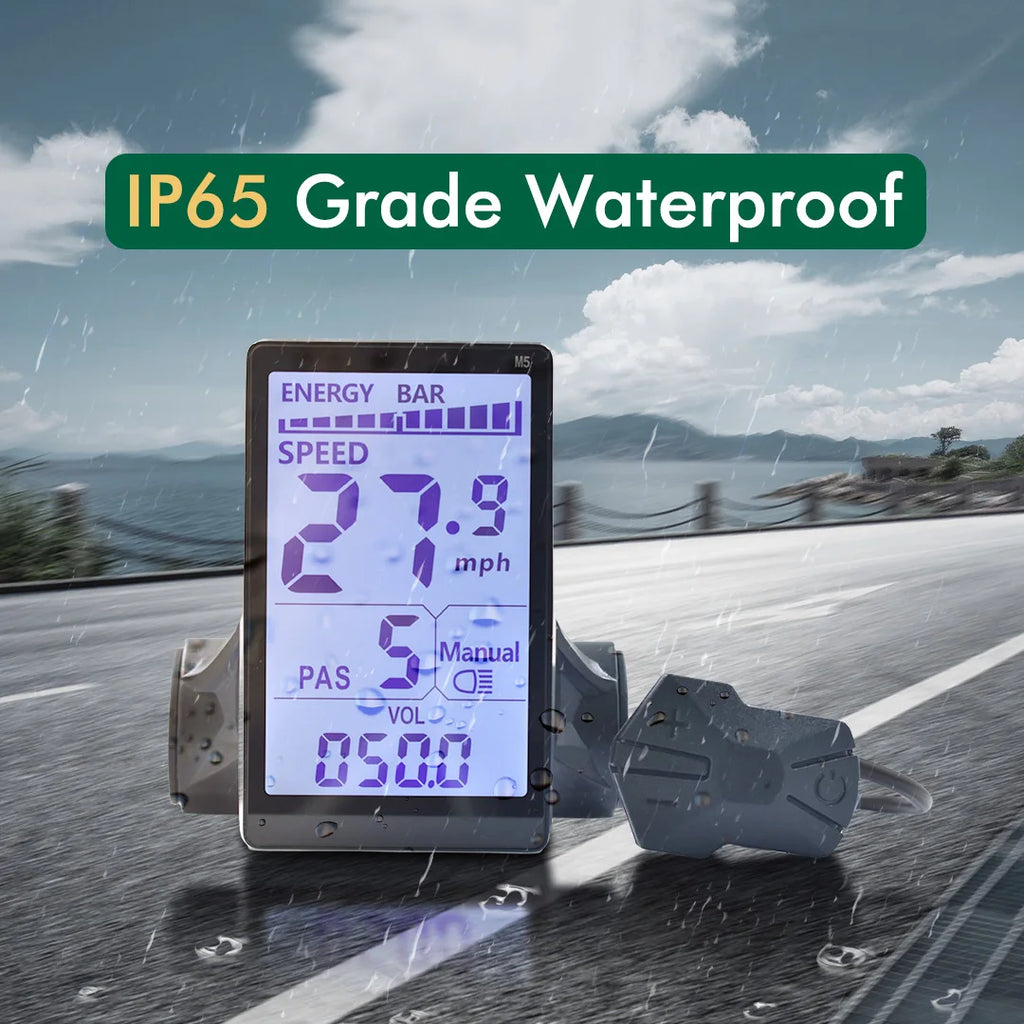 Black M5 electric bike LCD display panel showing purple speed and battery metrics with attached control keypad.