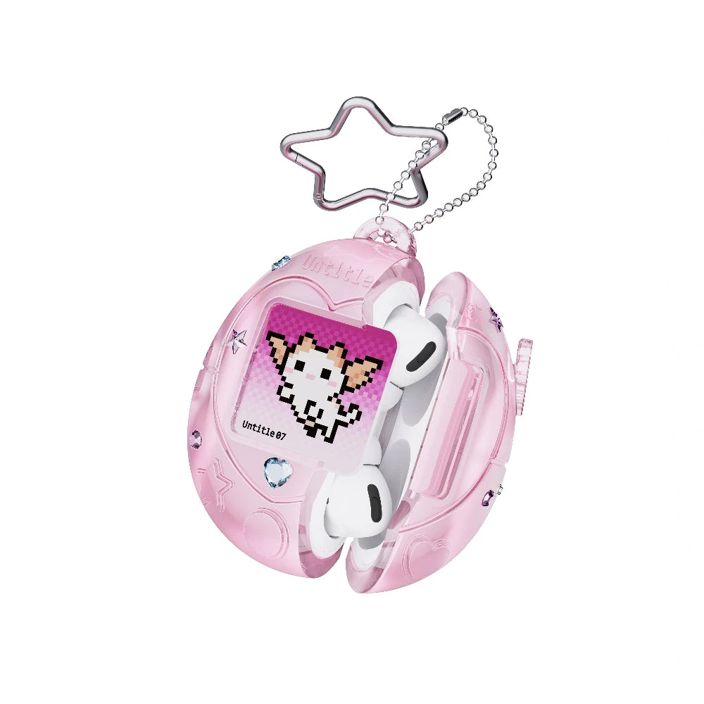Pink translucent Tamagotchi-style AirPods Pro case with star keychain, crystal accents, and pixelated pet design.