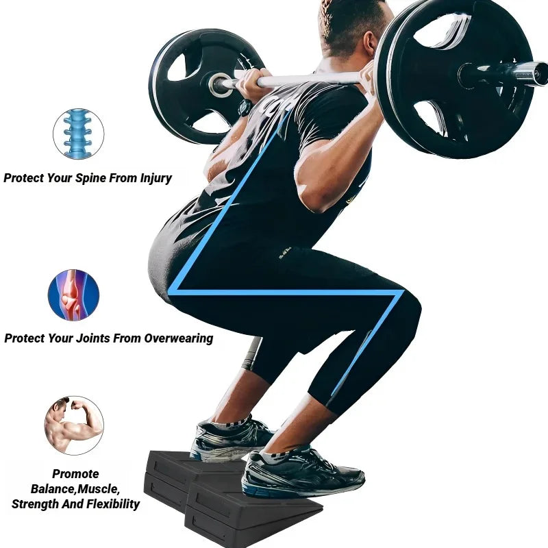 A person doing a barbell squat on black slanted squat wedge blocks, with labels highlighting joint and spine support.