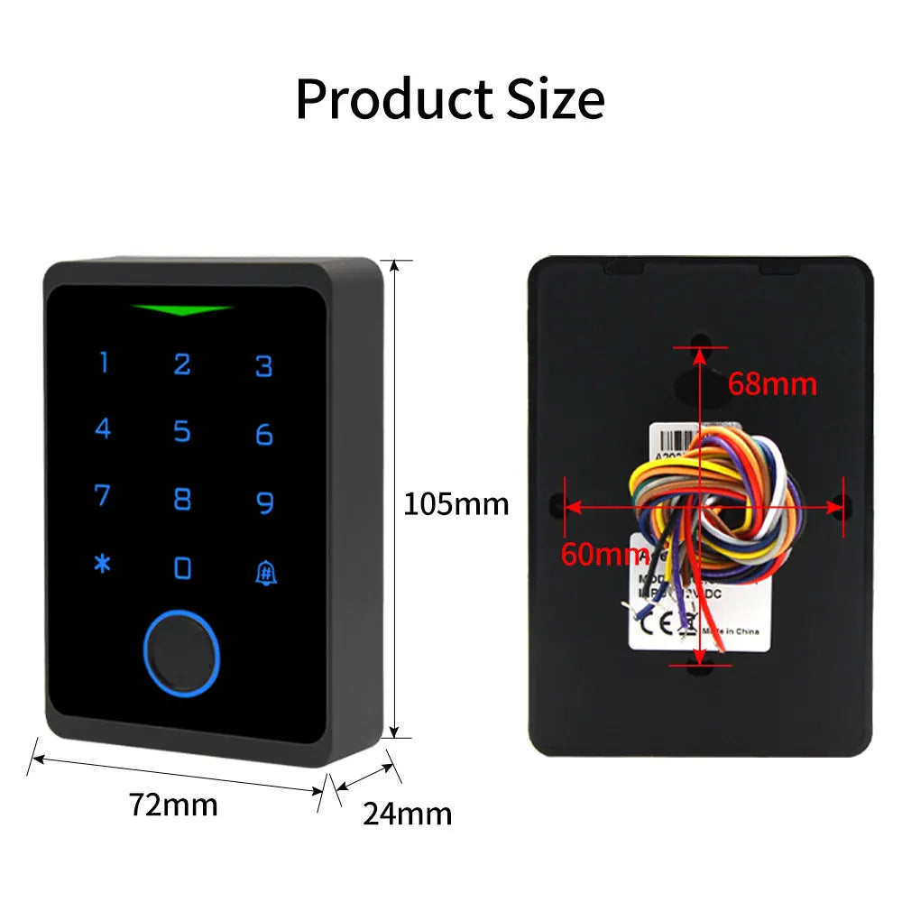 Black plastic keypad door lock with digital touchscreen and fingerprint scanner, showing dimensions and rear wiring.