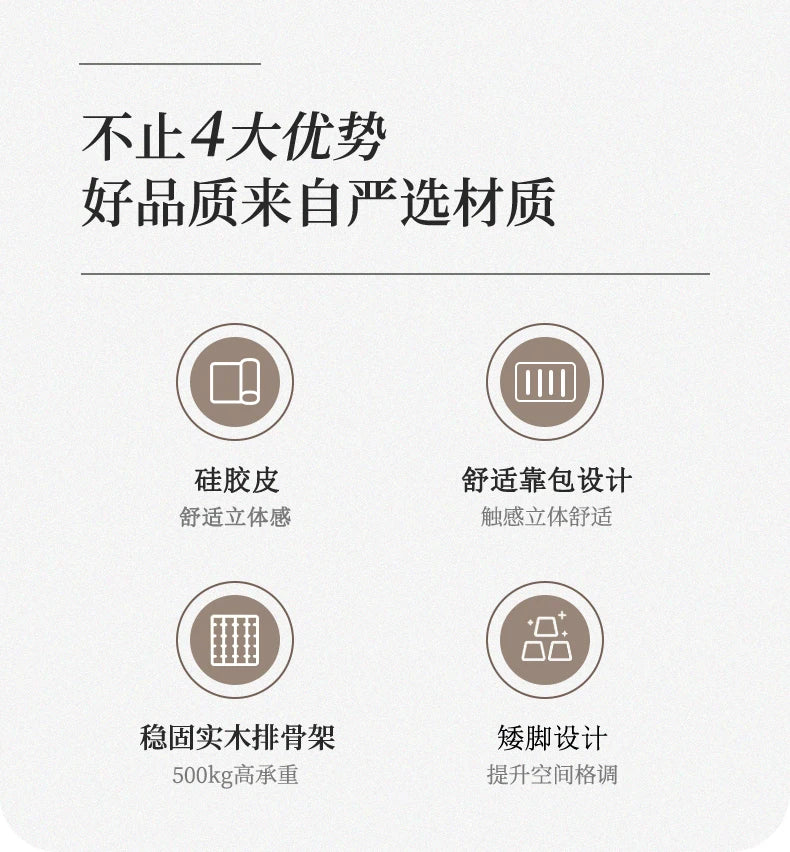 Infographic showing bed features: silicone leather, padded headboard, solid wood slats, and low-profile legs.
