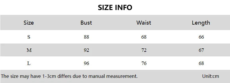 Size guide table showing bust, waist, and length measurements in cm for sizes S, M, and L.