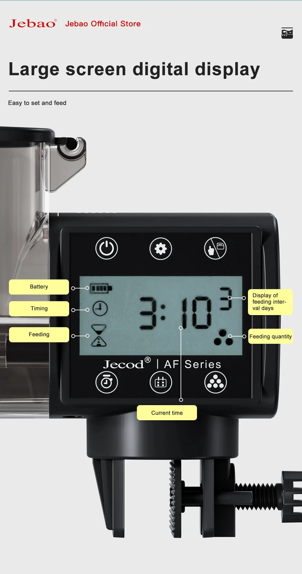 Black digital automatic fish feeder with a large LCD screen, mounting clamp, and clearly labeled control icons.