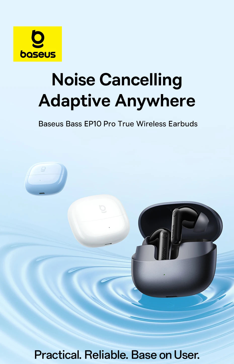 Wireless earbuds in black, white, and blue cases, featuring a sleek, modern, compact design on a light blue background.