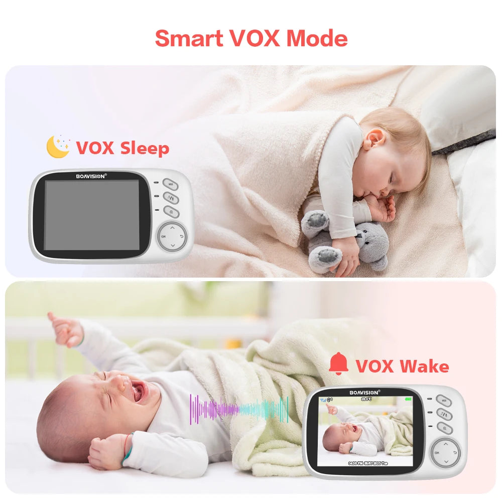 Two split-screen panels showing a baby monitor in VOX Sleep mode with a sleeping baby, and VOX Wake mode with a crying baby.