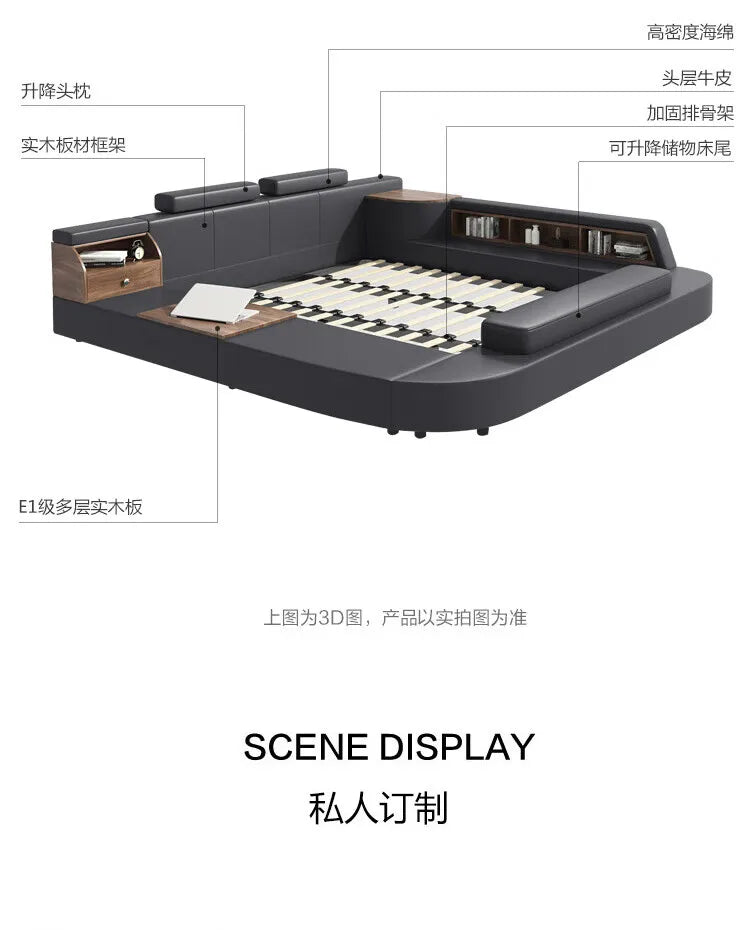 Modern dark grey upholstered bed frame with integrated wooden storage shelves, adjustable headrests, and a slatted base.