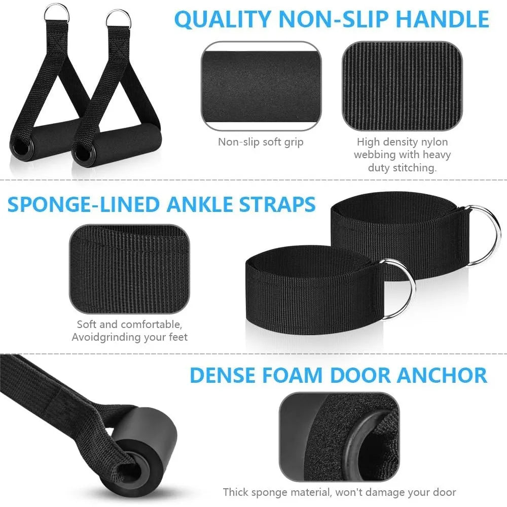 Black fitness resistance band accessories, including soft-grip handles, sponge-lined ankle straps, and a foam door anchor.
