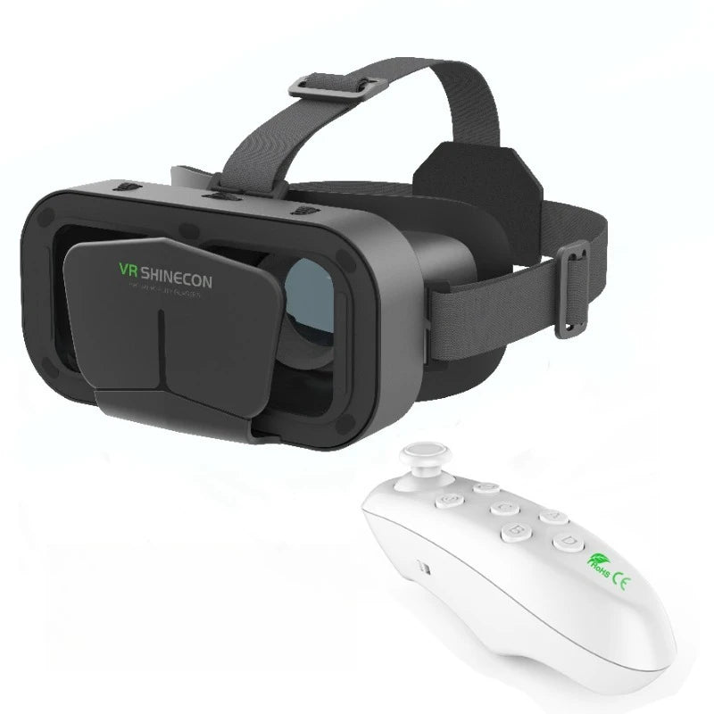 Black smartphone VR headset with an adjustable head strap, paired with a white handheld gaming controller.