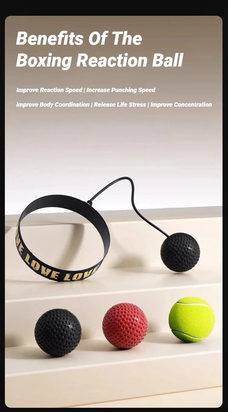 Boxing reflex ball set with black head strap and three interchangeable textured balls: black, red, and neon yellow.