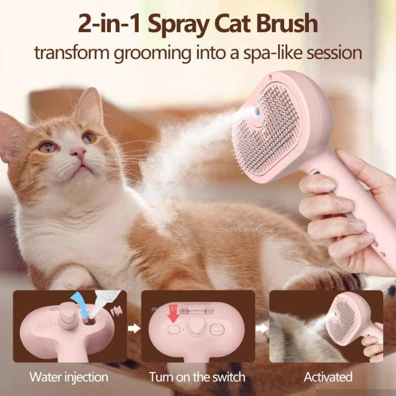 Pink 2-in-1 steam brush for pets, featuring a misting head, fine bristles, and simple button-operated water refilling.