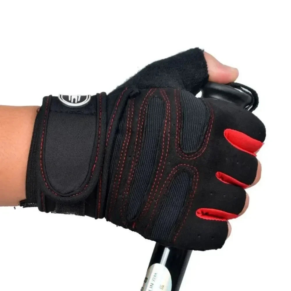 Black and red fingerless gym glove with a secure wrist strap, held by a hand gripping a handle.