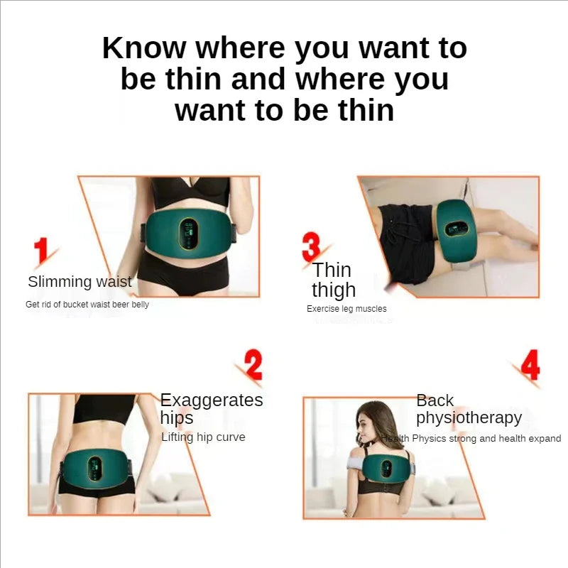Dark green vibration slimming belt worn on the waist, thigh, and back for fitness and massage.