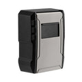 Wall-mounted metal key lock box in black and silver with a protective cover.