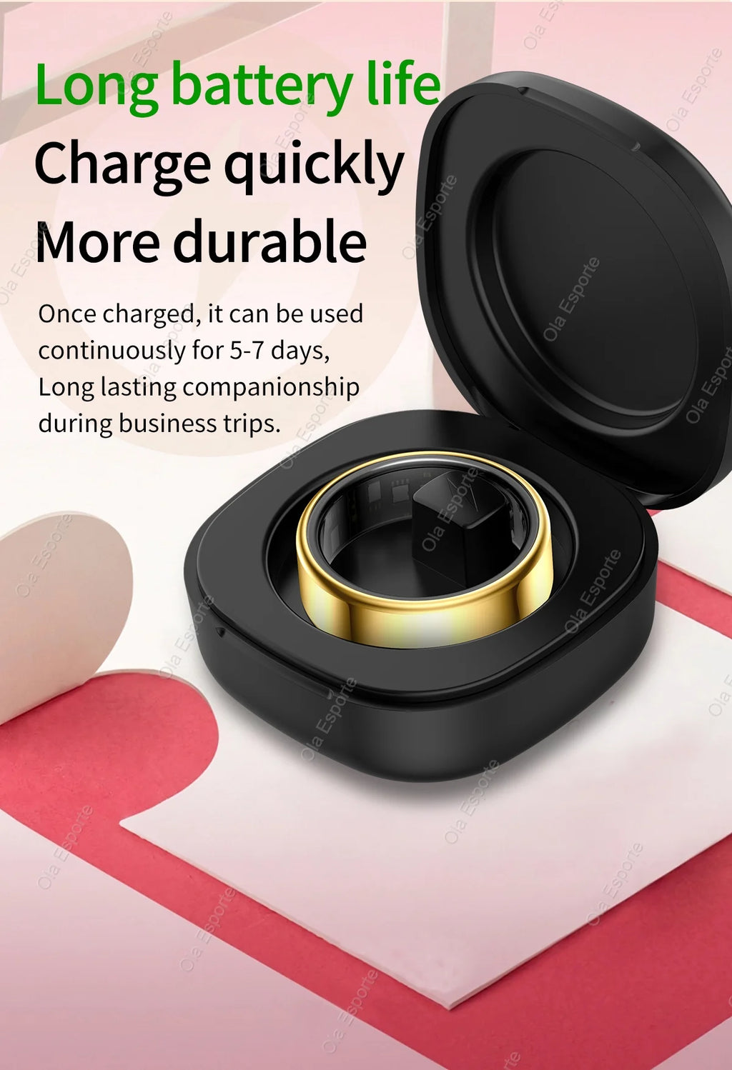 Gold-coloured smart fitness tracking ring sitting in its open black charging case.