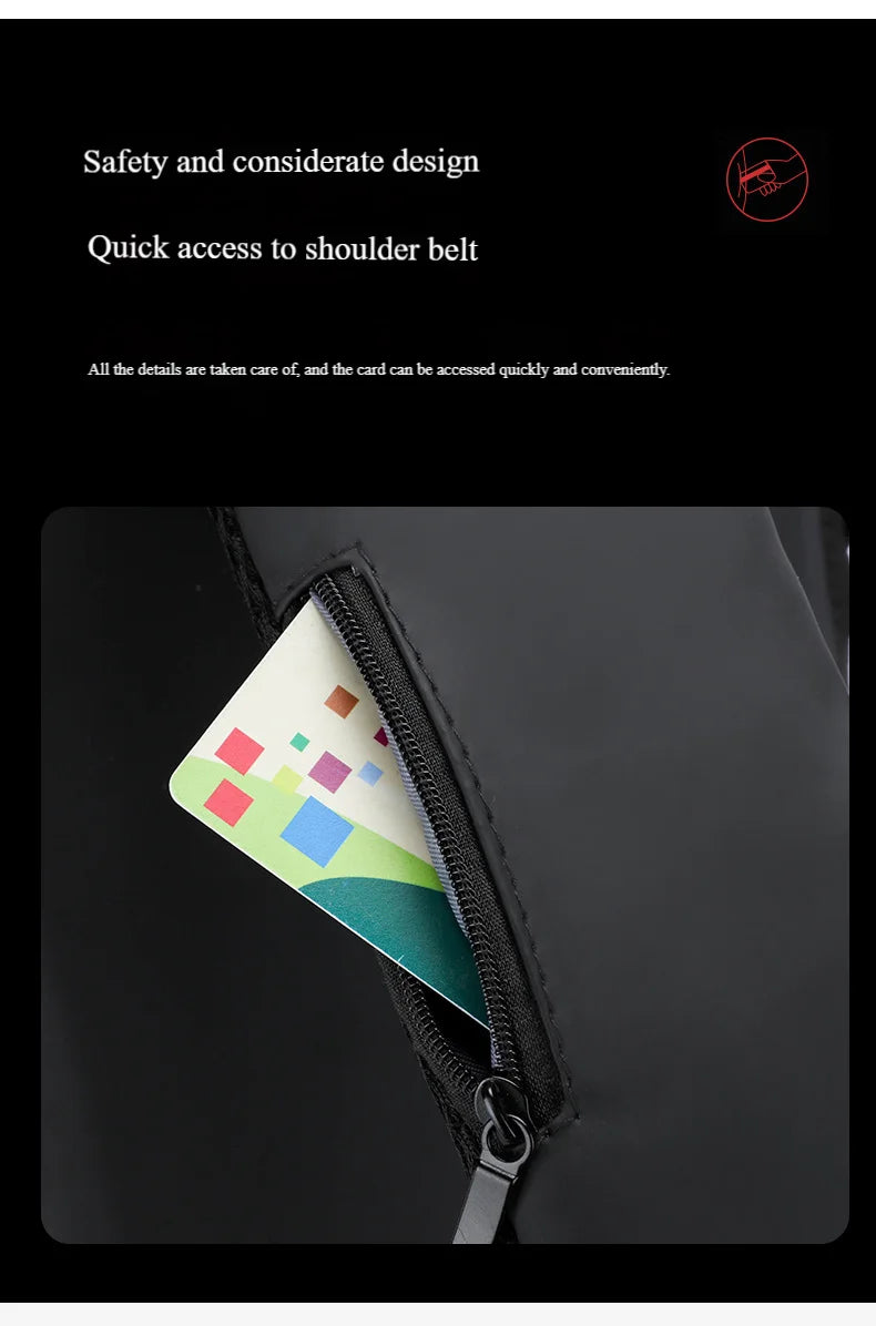 Close-up of a black chest bag showing a small, convenient zipped pocket on the shoulder strap for quick card access.
