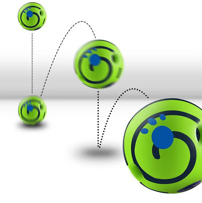 Bright green, interactive dog ball with blue paw prints and cut-out holes, shown bouncing to engage pets.
