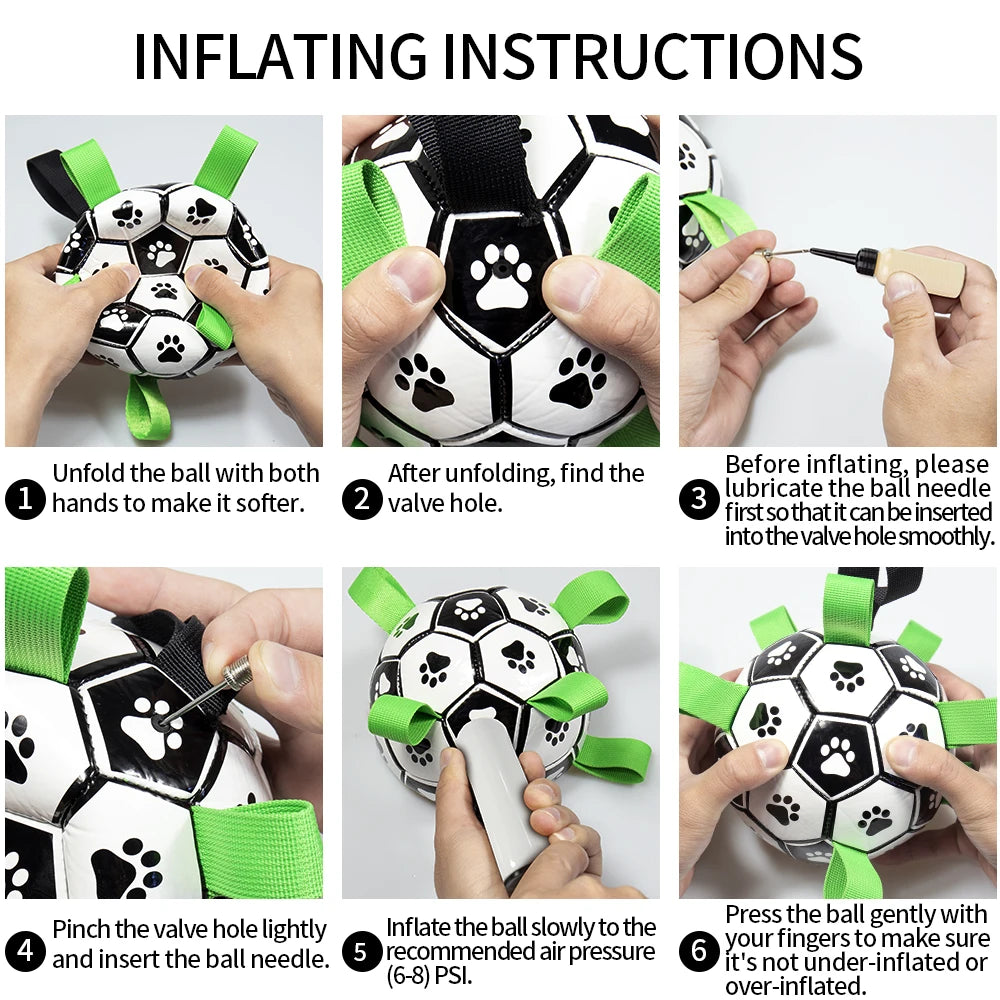 Instructions for inflating a black and white dog soccer ball with green nylon tug straps and paw print patterns.