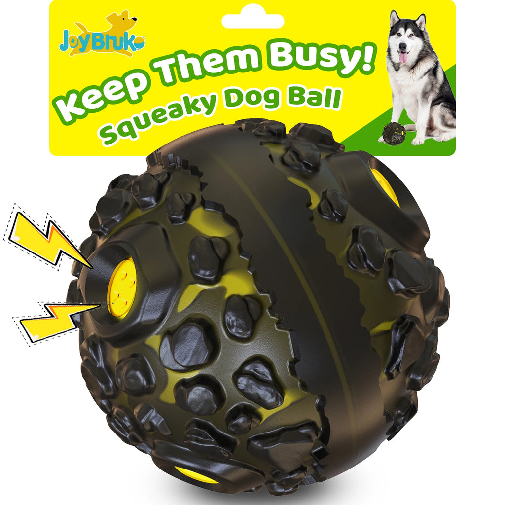 Durable black and yellow textured giggle ball for dogs with interactive squeaky holes for playtime.