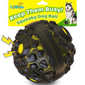 Durable black and yellow textured giggle ball for dogs with interactive squeaky holes for playtime.