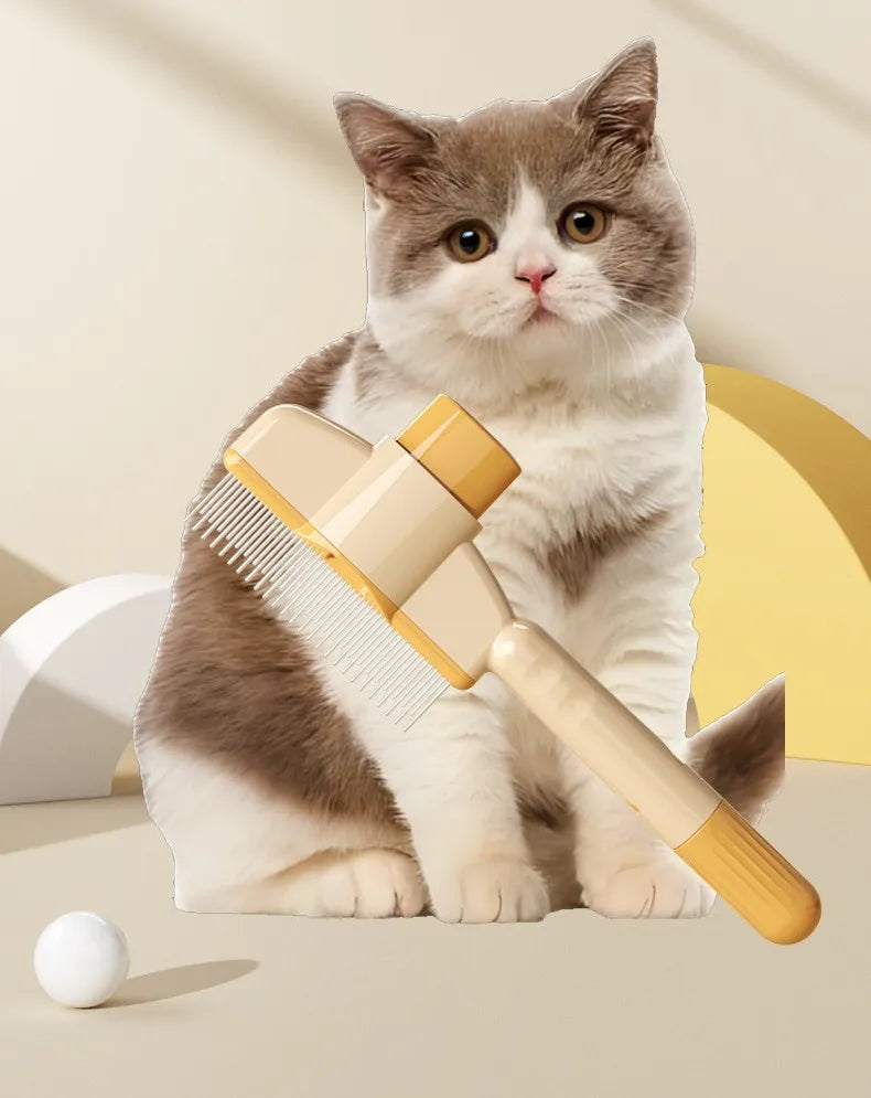 A beige pet grooming brush with fine bristles held in front of a fluffy grey and white cat.