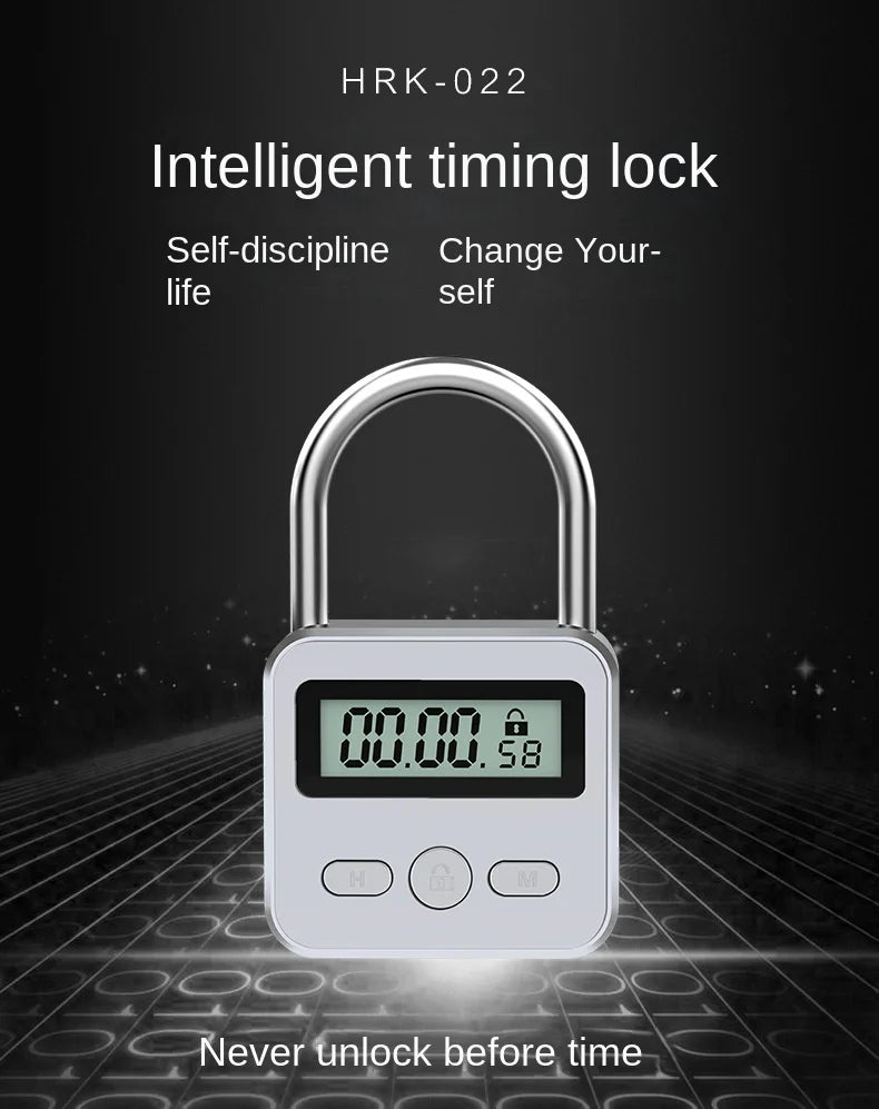 Silver metal padlock with a digital timer screen and three control buttons on the front.