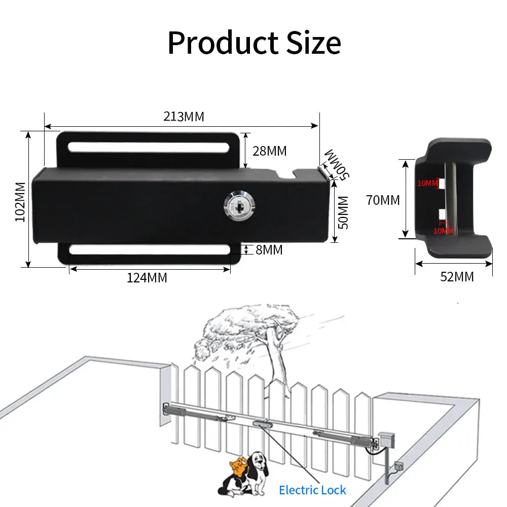 Black metal electric gate lock with diagrams showing dimensions and installation on a fence.