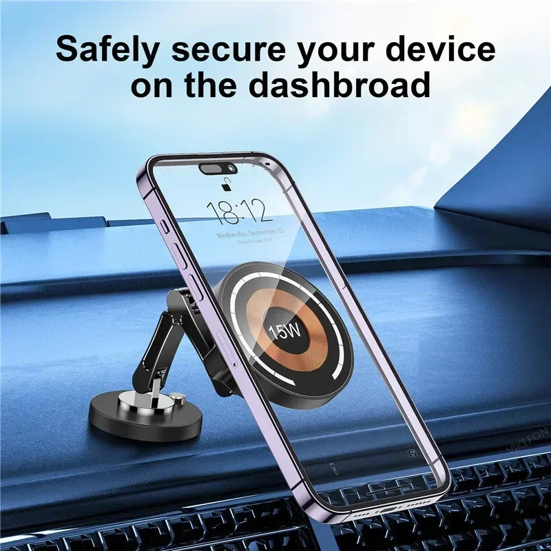 Adjustable black magnetic wireless car phone mount holding a smartphone on a blue dashboard.