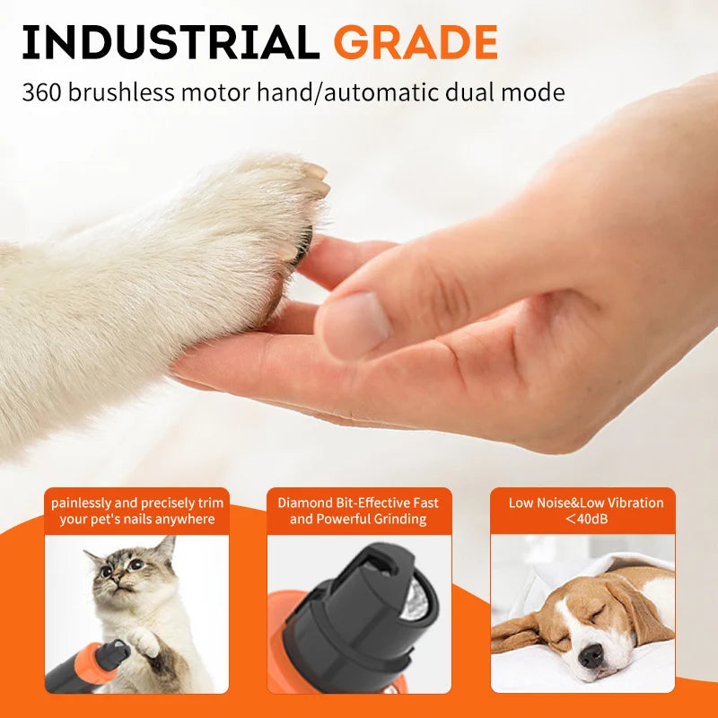 Compact orange and black electric pet nail grinder with a diamond bit, featuring 2 speeds and quiet operation.