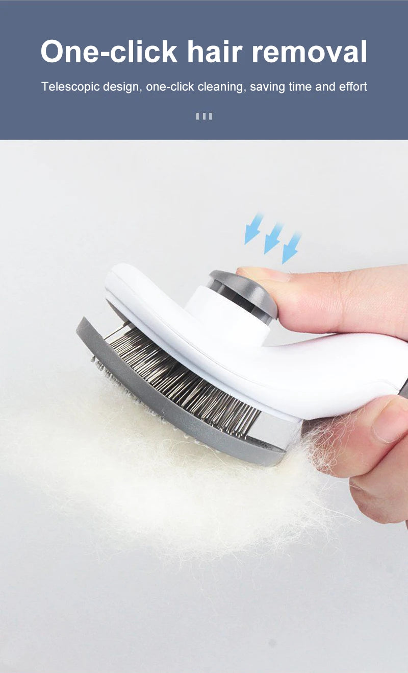 White pet grooming slicker brush with grey trim and a one-click button for easy hair removal.