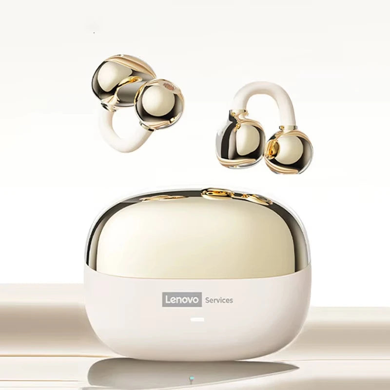 Unique clip-on wireless earbuds with a metallic gold and cream finish, featuring a matching oval charging case.