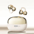 Unique clip-on wireless earbuds with a metallic gold and cream finish, featuring a matching oval charging case.