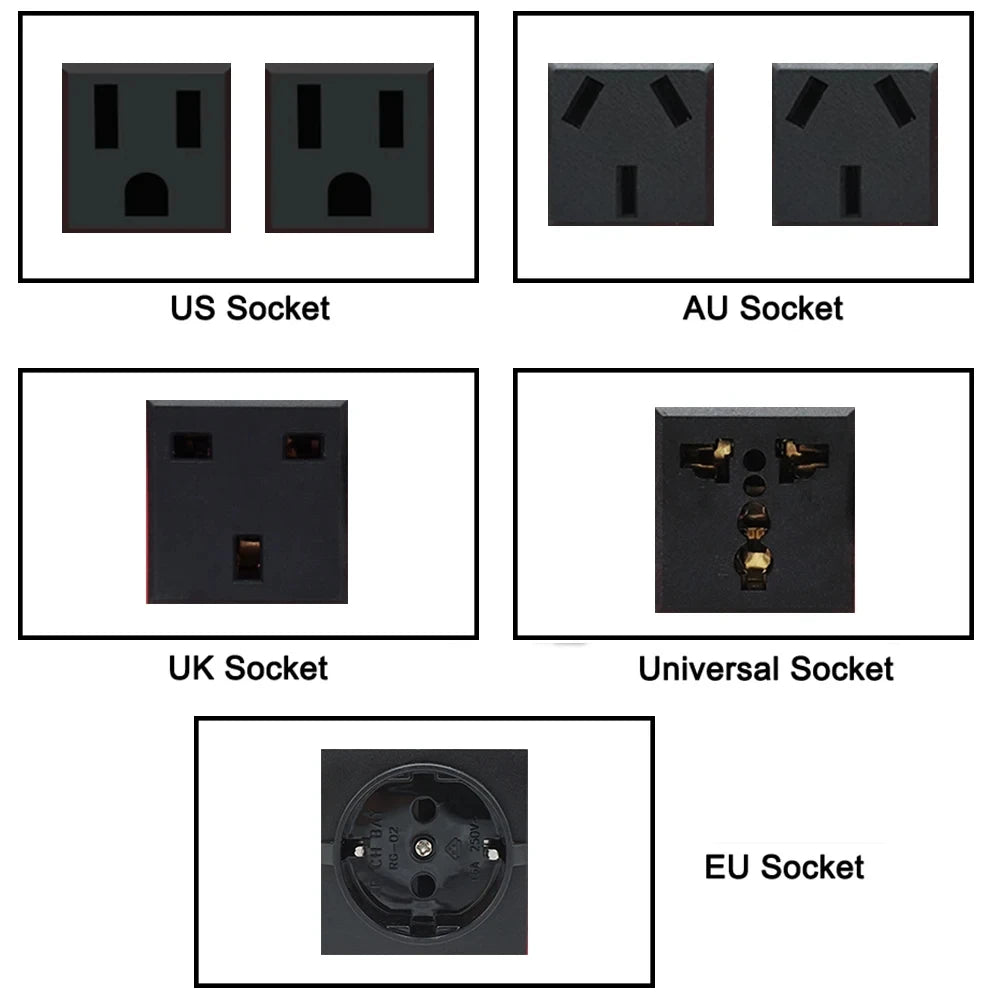 Grid of five black electrical socket styles: US, AU, UK, universal, and EU ports for power inverters.